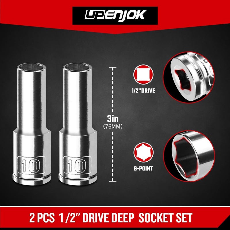 Upenjok 2PCS 1/2" Drive 10mm Socket Set, Deep, Mirror Finish, Cr-V Steel, 6-Point - Image 2